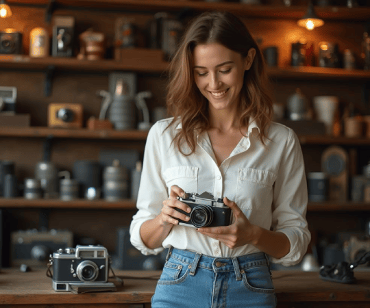 Smiling collector examining an antique camera in a vintage photography shop, surrounded by shelves filled with classic film cameras.